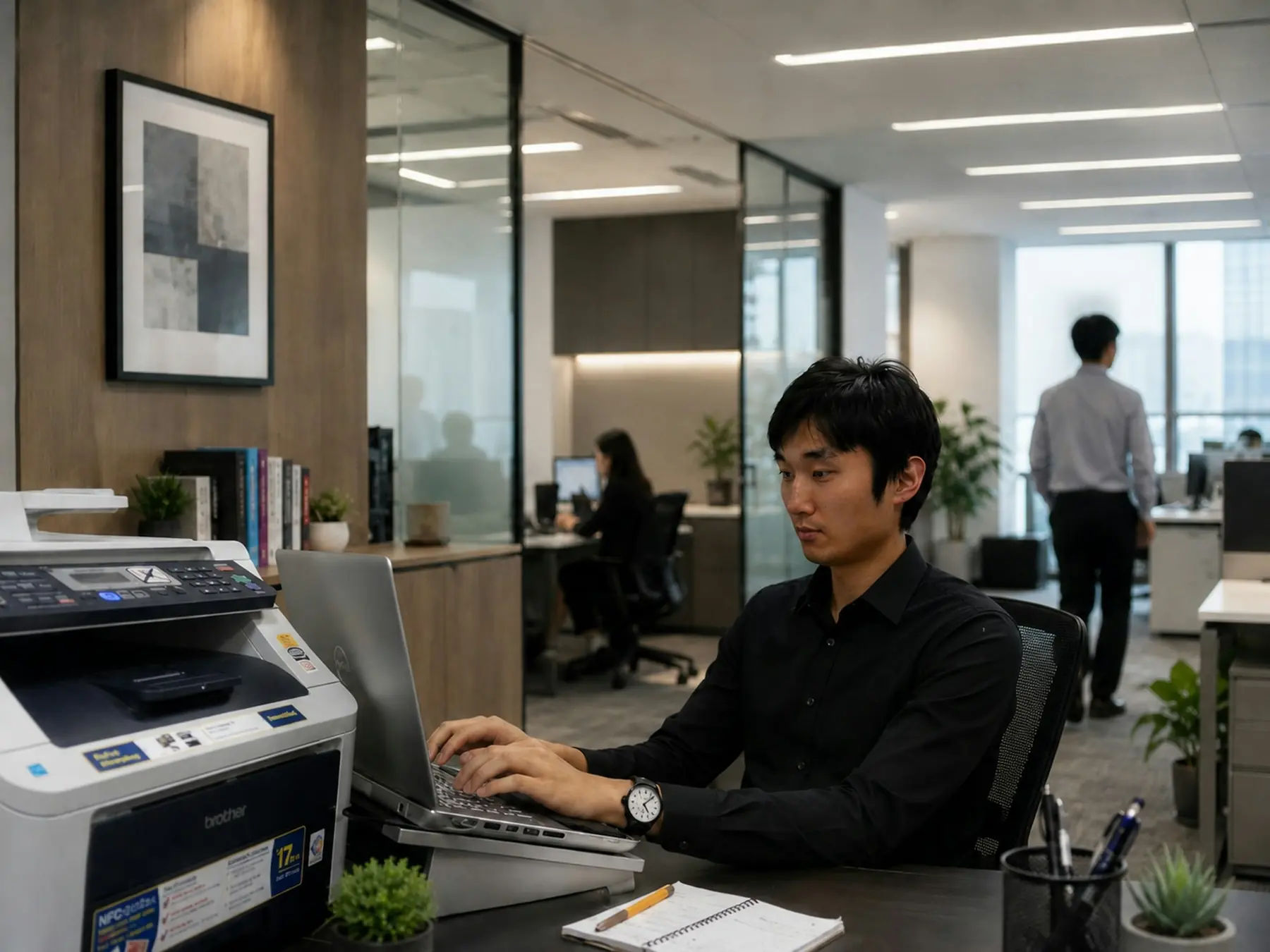 Arbeitsplatz im Büro mit Multifunktionsdrucker direkt neben dem Schreibtisch